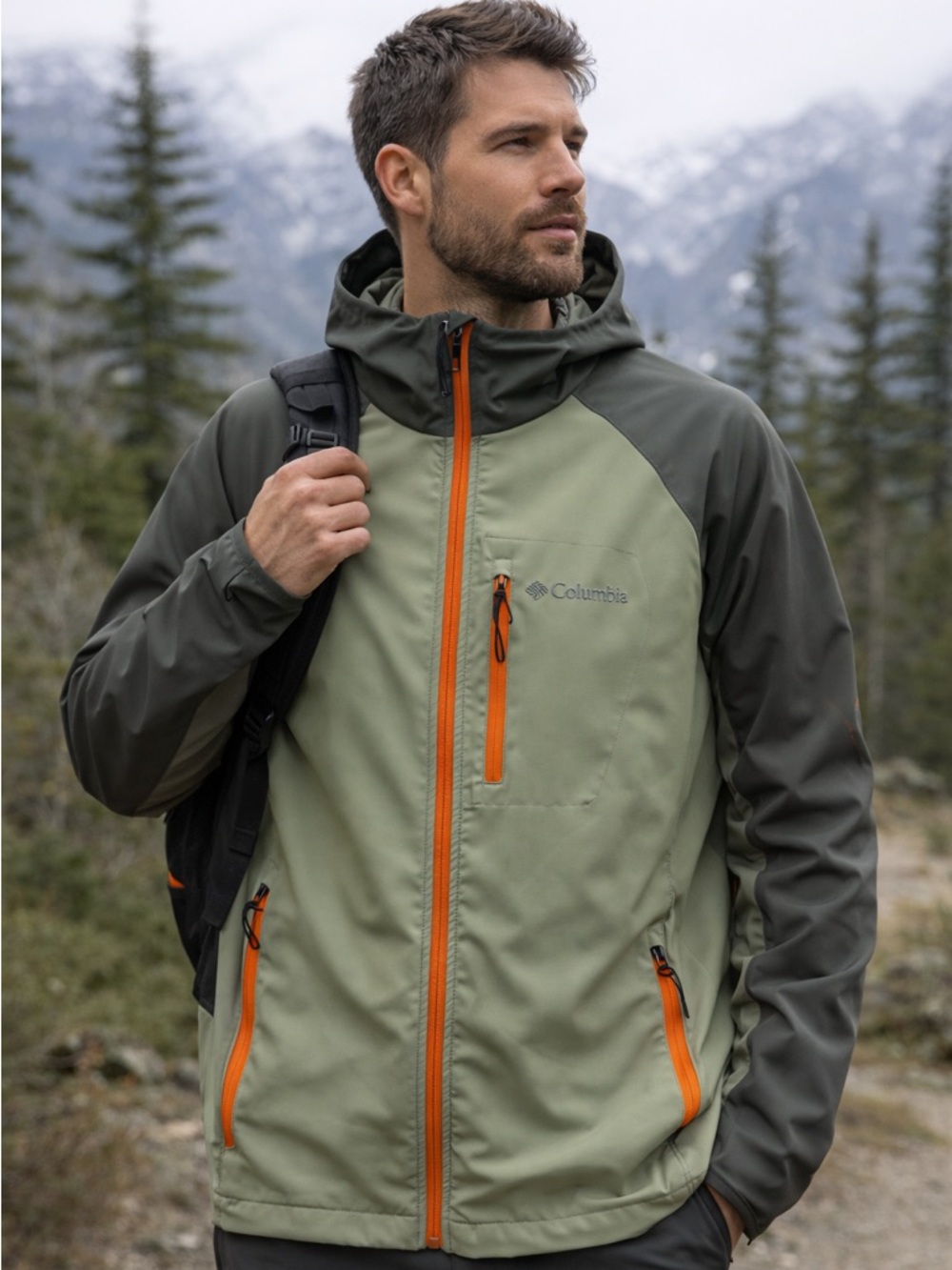 Columbia Softshell Jacket Mens L Green Orange Zip Windbreaker Outdoor Coat